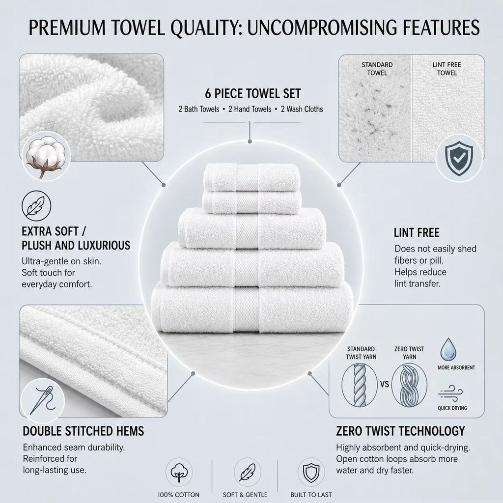 Luxury Towel Set – 6 Piece | Soft & Absorbent Bath Towels – White